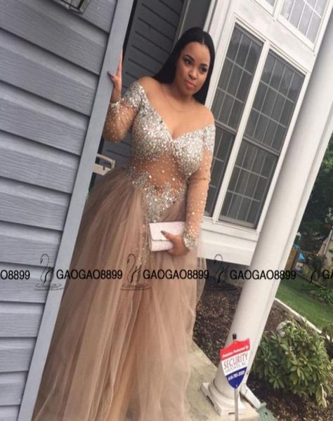 

champange sequined plus size long sleeve prom dresses a line pleats party evening formal gowns long sparkling vestido format9621581, Black