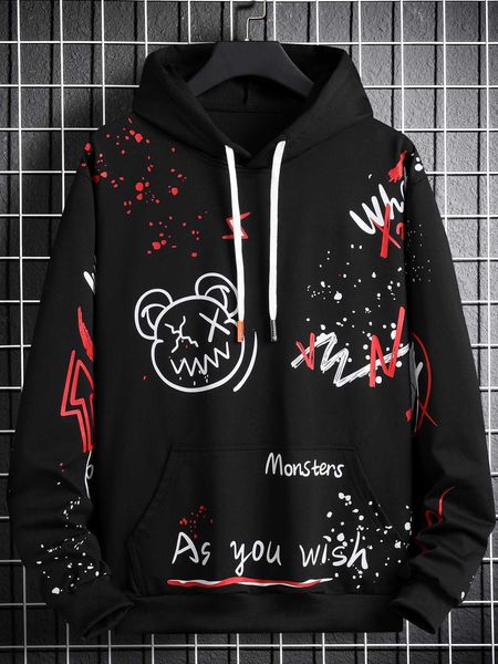 

men 's fashion emrg men letter cartoon graphic kangaroo pocket drawstring hoodie, White;black