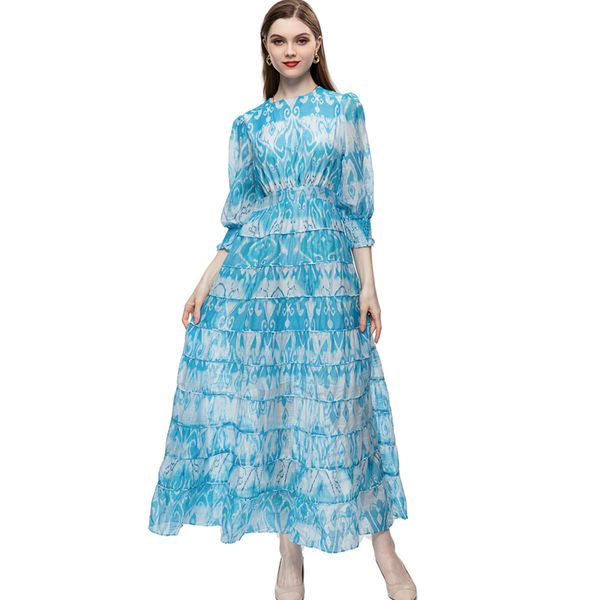 

women's runway dresses o neck 3/4 sleeves tiered elegant designer fashion maxi vestidos, Black