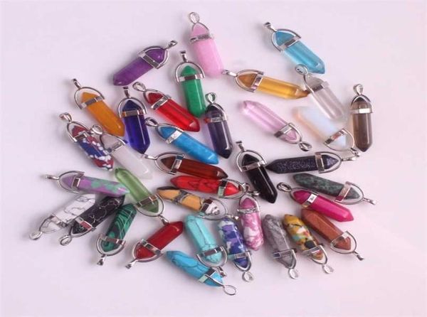 

24pcslot healing point chakra pendants hexagonal quartz crystals bullet shape stone diy pendulum beads for jewelry making 214287532, Silver