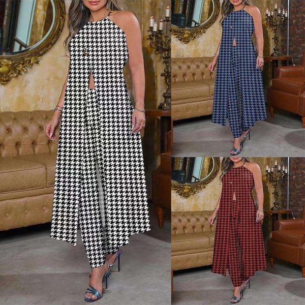 

spring and pant summer elegant halter sleeveless houndstooth printed loose high waisted trousers suit for women, White