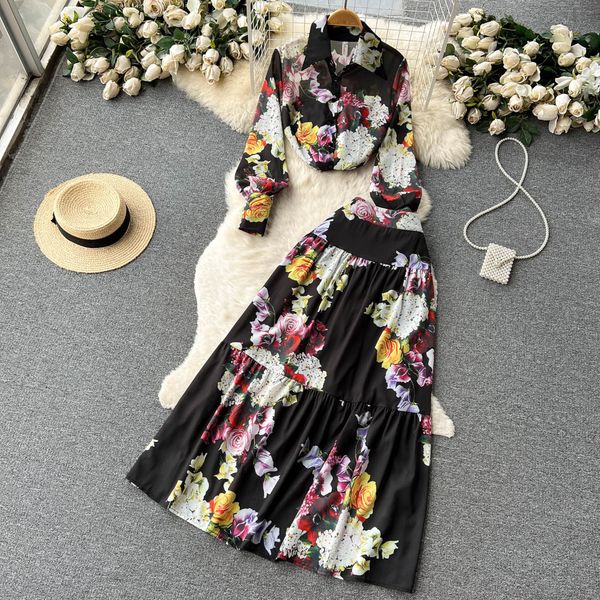 

two piece dress summer fashion flower print two piece sets women long sleeve single breasted rose shirt + chiffon high waist maxi skirt suit, White