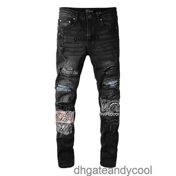 

street amirly denim jeans designer pants man 's new made old cashew flower with holes fashion high black wash slimming jeans pants men, Blue