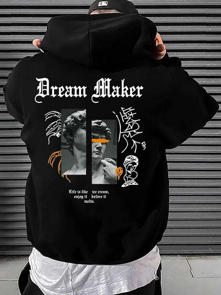 

men 's fashion emrg men letter figure graphic drawstring hoodie, White;black