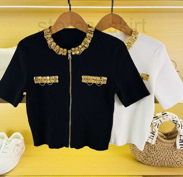 

women's knits & tees designer summer new heavy industry nail diamond metal zipper knitted cardigan temperament short sleeve slim fit sm, White