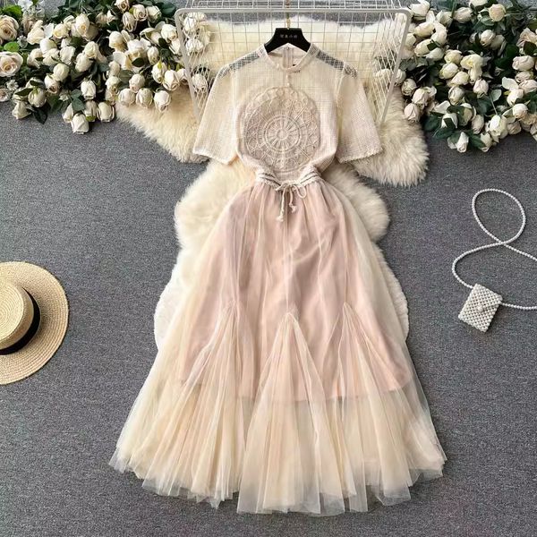 

basic casual dresses summer plaid hollow out embroidery dress women's stand short sleeve beige stitching mesh tulles bow lace up party, Black;gray
