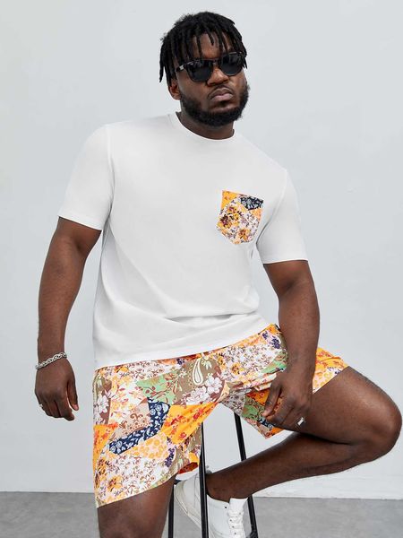 

men's clothing men floral patched pocket shorts, White;black