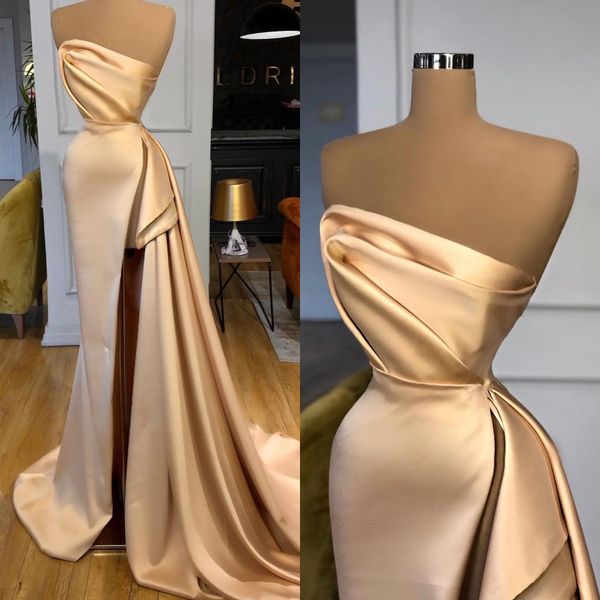 

champagne gold evening dresses strapless split party prom dress pleats sweep train formal long dress for red carpet special occasion, Black;red