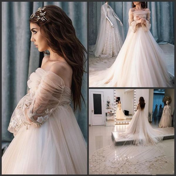 

a line tulle long sleeve wedding gowns off shoulder ss boho berta bridal gowns detachable cathedral train 2022339u, White