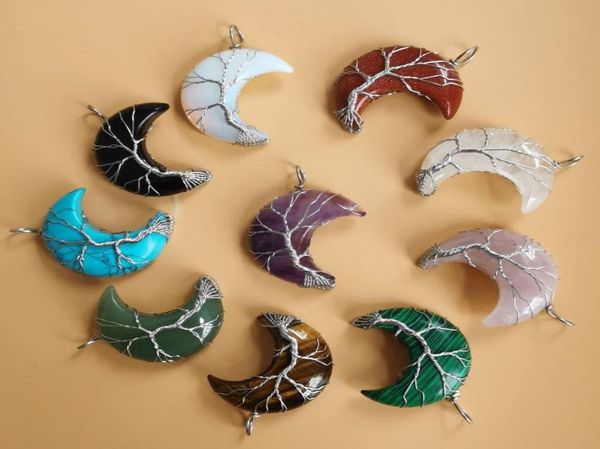 

10pcslot tree of life crescent moon shape pendant silvertone wire wrap natural gemstones healing crystal women necklace1584591, Silver