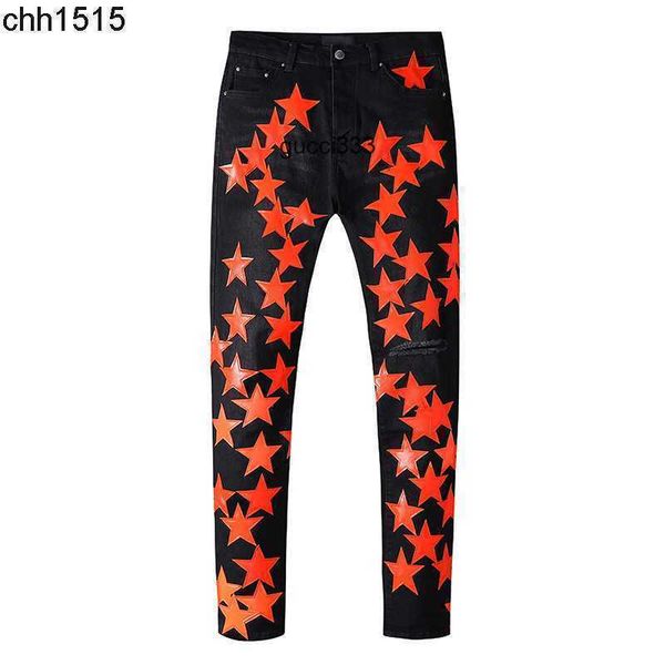 

star contrast amirly fit fashion high five pointed street patch slim black jeans men's denim patch, Blue