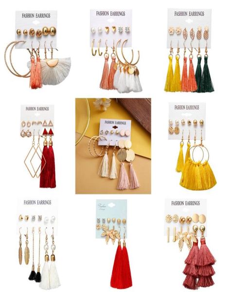 

bohemian mix stud earring dangle for women fashion long tassel fringe sets female flower heart es1d0451696930, Silver