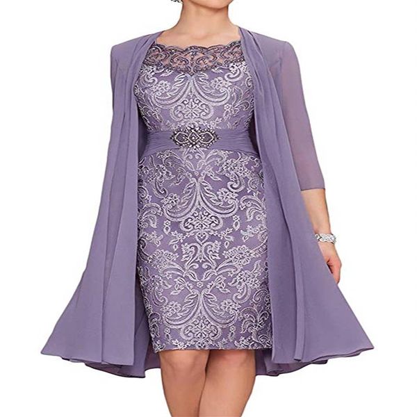 

2019 sliver mother of the bride dresses with chiffon jacket lace beading 3 4 sleeves plus size knee length two pieces evening gown246w, Black;red