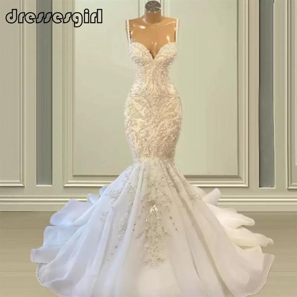 

luxury african mermaid wedding gowns spaghetti strap beaded embroidery lace bride dresses backless women bridal gown274o, White