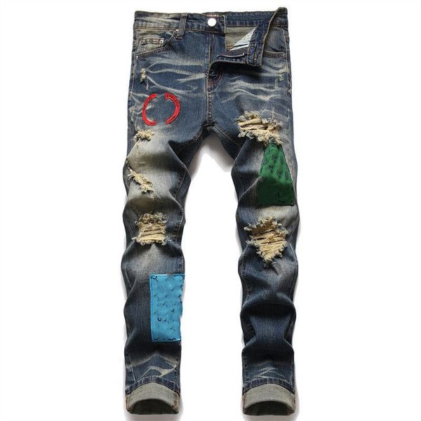 

mens designer jeans embroidery of cobra distressed ripped biker skinny slim fit motorcycle bikers denim for men fashion hip hop pants 3 colo, Blue