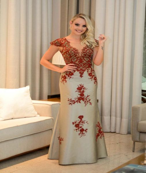 

graceful mermaid lace and satin mother of the bride dresses sheer neck short sleeve lace appliques formal gown floor length beads 9478186, Black;red