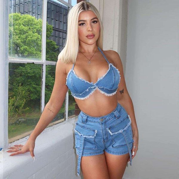 

sg summer lace up pant tassel pocket wash navel backless denim suit women, White