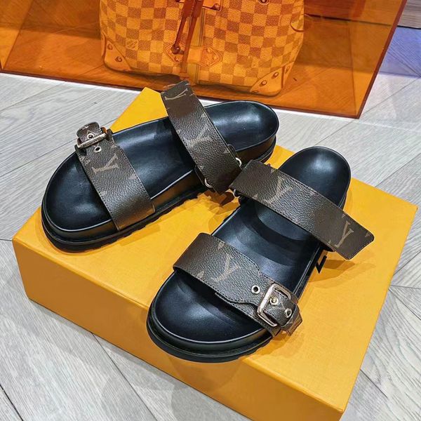 

2023 designer sandals women's slippers sandals classic old flower brown plaid single pair gold buckle fashion beach casual sandals, Black