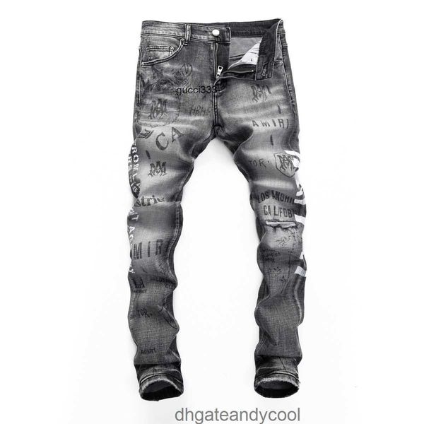 

graffiti amirly denim jeans stamping designer pants man make amr trend new light grey jeans wash old slim small straight leg trousers youth, Blue