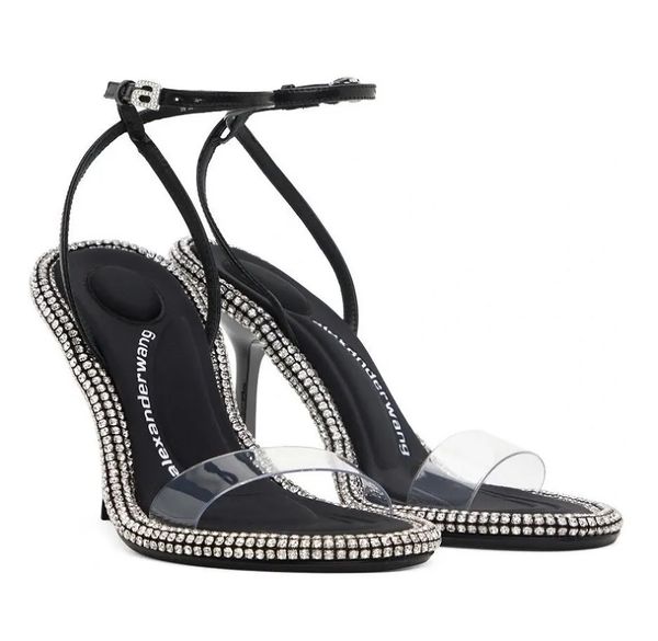 

summer luxury women wang crystal sandals shoes nima black stain high heels slingback crystal branding around ankles straps strappy lady part