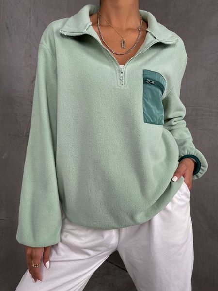 

color block quarter zip lantern sleeve pullover, White;black