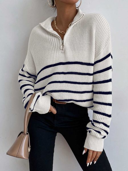 

women's clothing frenchy striped shoulder zipper front sweater, White;black