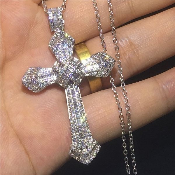 

hip hop rapper shiny diamond pendant gold necklace cross pendant micro-inset full zircon crucifix jewelry night club accessory sweater rope, Silver