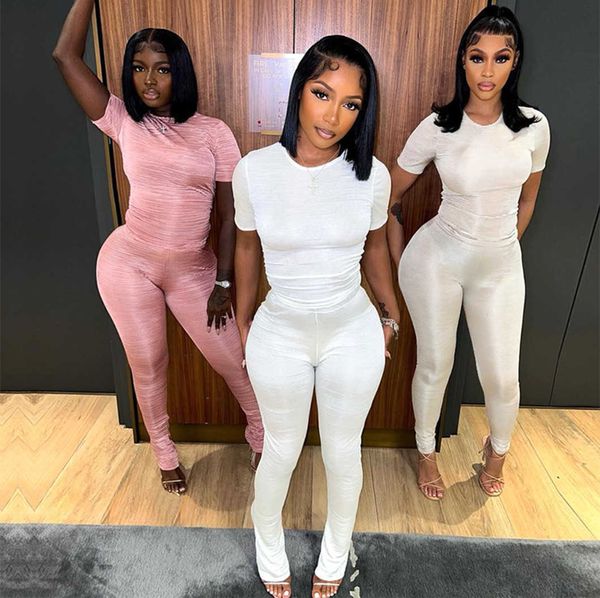 

women's 2023 summer new breathable skincare short sleeve t-shirt pants casual set, White