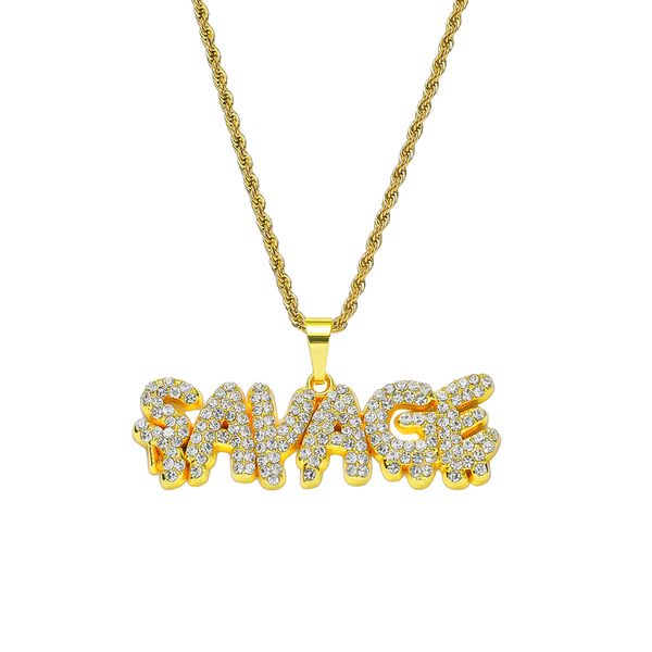 

hip hop rapper shiny diamond pendant gold necklace savage letters pendant micro-inset zircon jewelry 60cm night club accessory sweater chain, Silver