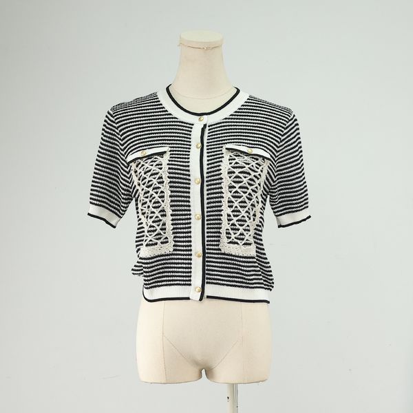 

716 2023 autumn runway summer brand same style sweater striped short sleeve crew neck black fashion clothes womens dl, White;black