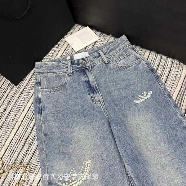 

nanyou 2023 spring/summer new small fragrant style nail bead design versatile high waist denim straight leg pants for women, Blue