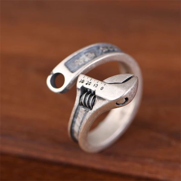 

s925 sterling silver vintage wrench ring made of old fashion design motorcycle men adjustable personalized hip hop jewelry