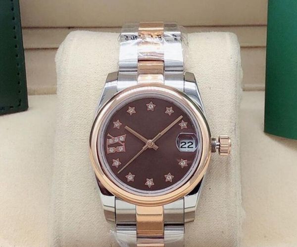 

31mm women's automatic mechanical watch ladies watches five-pointed star face womens stainless steel folding buckle sport waterproof wr, Slivery;brown