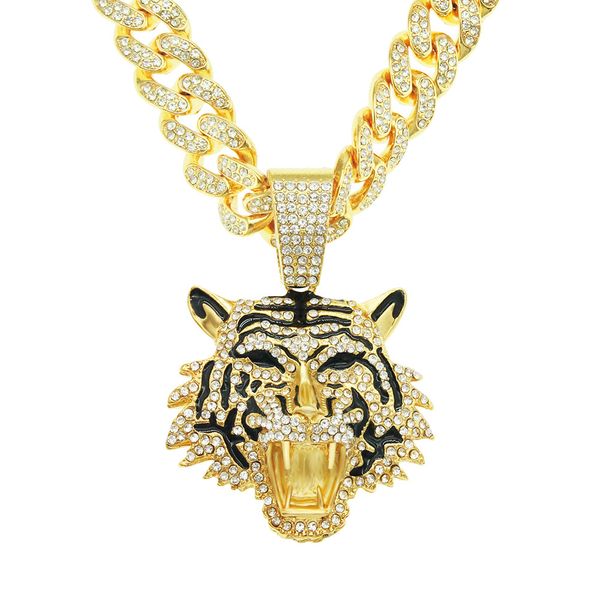 

hip hop rapper men shiny diamond pendant gold necklace iced out three-dimensional tiger head pendant micro-inset full zircon jewelry night c, Silver