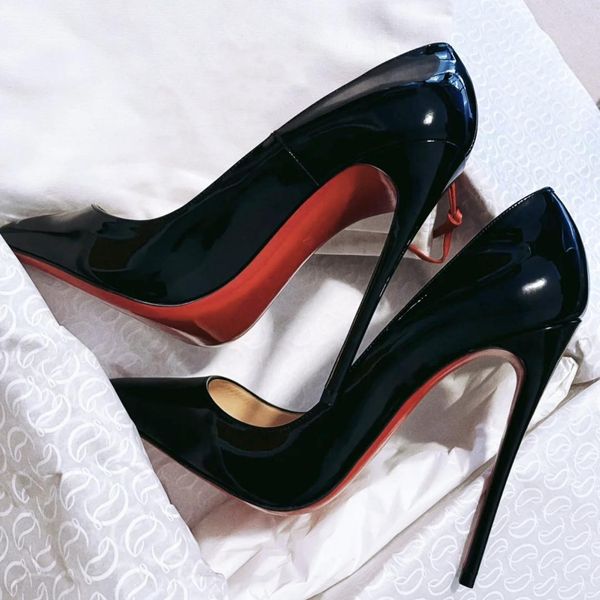 

brand dress shoes pumps genuine leather 8  12cm pointed toe women's nude black patent leather wedding shoes size 34-44