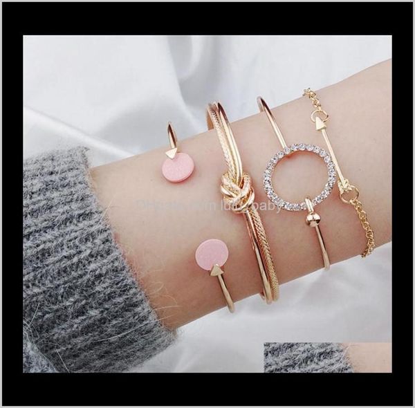 

bracelets jewelry drop delivery 2021 4pcsset charm romantic pink crystal open cuff banglesbracelet set for women gold metal allo7042003, Golden;silver