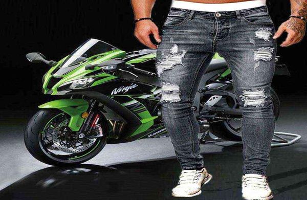 

mens ripped skinny jeans blue slim fit hole pencil pants casual biker trousers streetwear 2021 denim man clothing w225081843