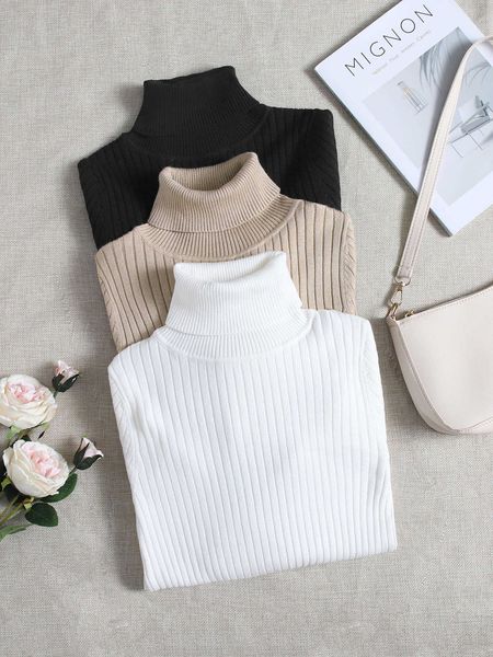 

women's clothing 3pcs turtle neck ribbed knit sweater, White;black