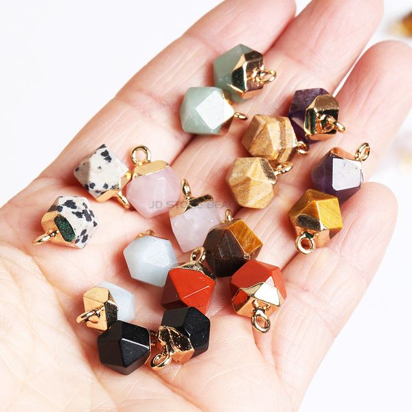 

gold covered edged natural stone 8mm rhombus pendant rose quartz crystal amethyst charms for women necklace jewelry making gift mini, Bronze;silver
