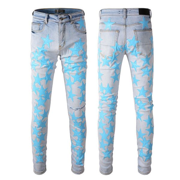 

flared stacked purple designer man long pants trousers streetwear washed old long hole 28-40399, Blue
