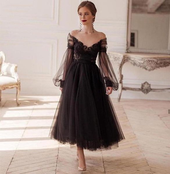 

black long puff sleeves prom dresses illusion oneck lace homecoming gowns tealength tulle evening party dress bow2254751