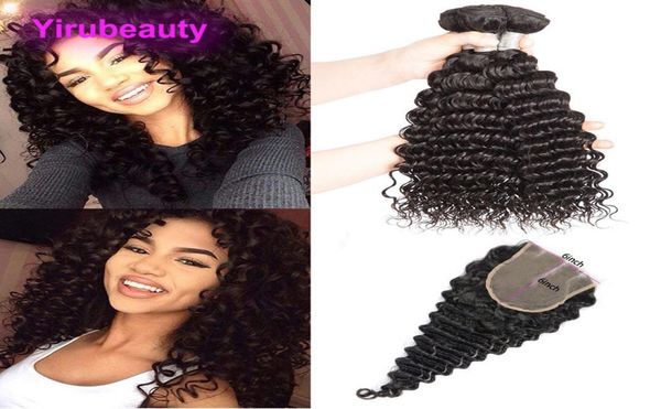 

malaysian virgin hair 3 bundles with 6 by 6 lace closure deep wave curly human hair extensions with 6x6 lace closure middle three 6520537, Black;brown