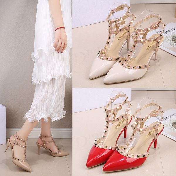 

summer new fashion europe and the united states stiletto slim high-heeled shoes pointed rivet hollow word with baotou sandals, Black