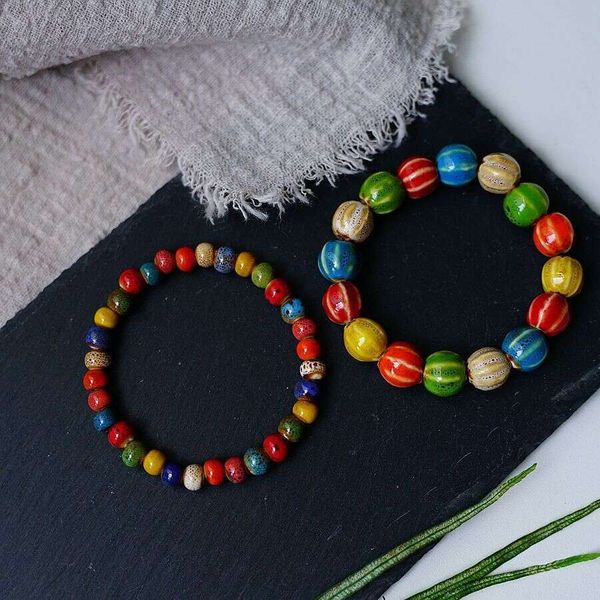 

designer's summer ethnic style art ceramic flower glaze gradual colorful beaded bracelet small design bracelet, Black
