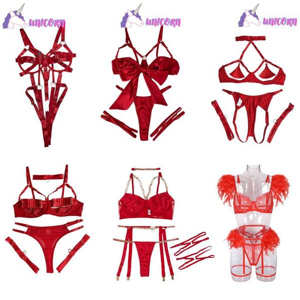 

valentine' day red feather lingerie fetish fancy underwear women uncensored luxury bra chain bilizna intimate langerie 230717, Red;black