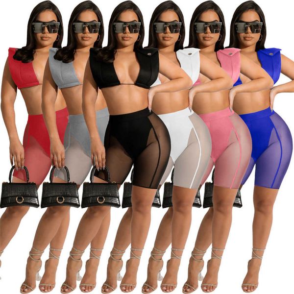 

designer tracksuits mesh patchwork two piece set women outfits summer sheer clothes fashion see through crop and shorts night club wear whol, Gray