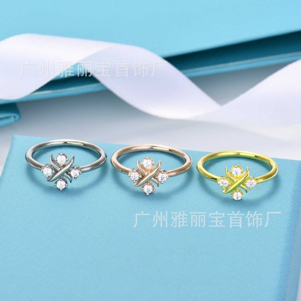 

designer high version tiffay cross 4 diamond ring with 18k genuine gold plated white copper for women fashionable and versatile x-shaped sim, Silver