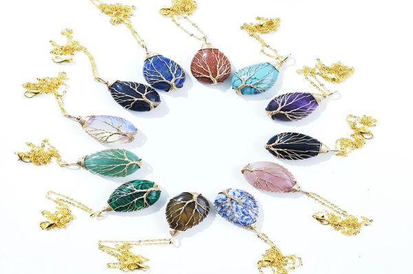 

stone crystal waterdrop charms necklaces copper twine tree of life wrap pendant amethyst tiger eye rose quartz wholesale jewelry for women72, Silver