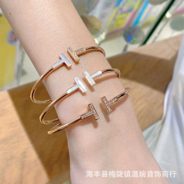 

high edition double t 18k rose gold white fritillaria full diamond open bracelet live broadcast, Golden;silver