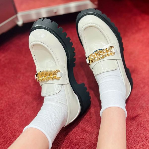

ladies dress shoes designer womens fashion loafers mary jane retro round head platform thick heels quality leather casual shoe chain decorat, Black